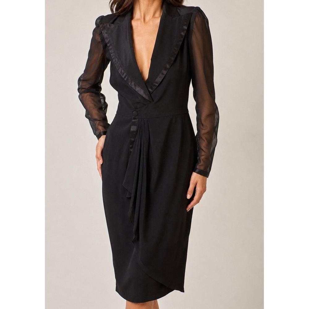Vintage 80s Black Tuxedo Wrap Dress, Size 6 BB Collections | Sheer Sleeves retro